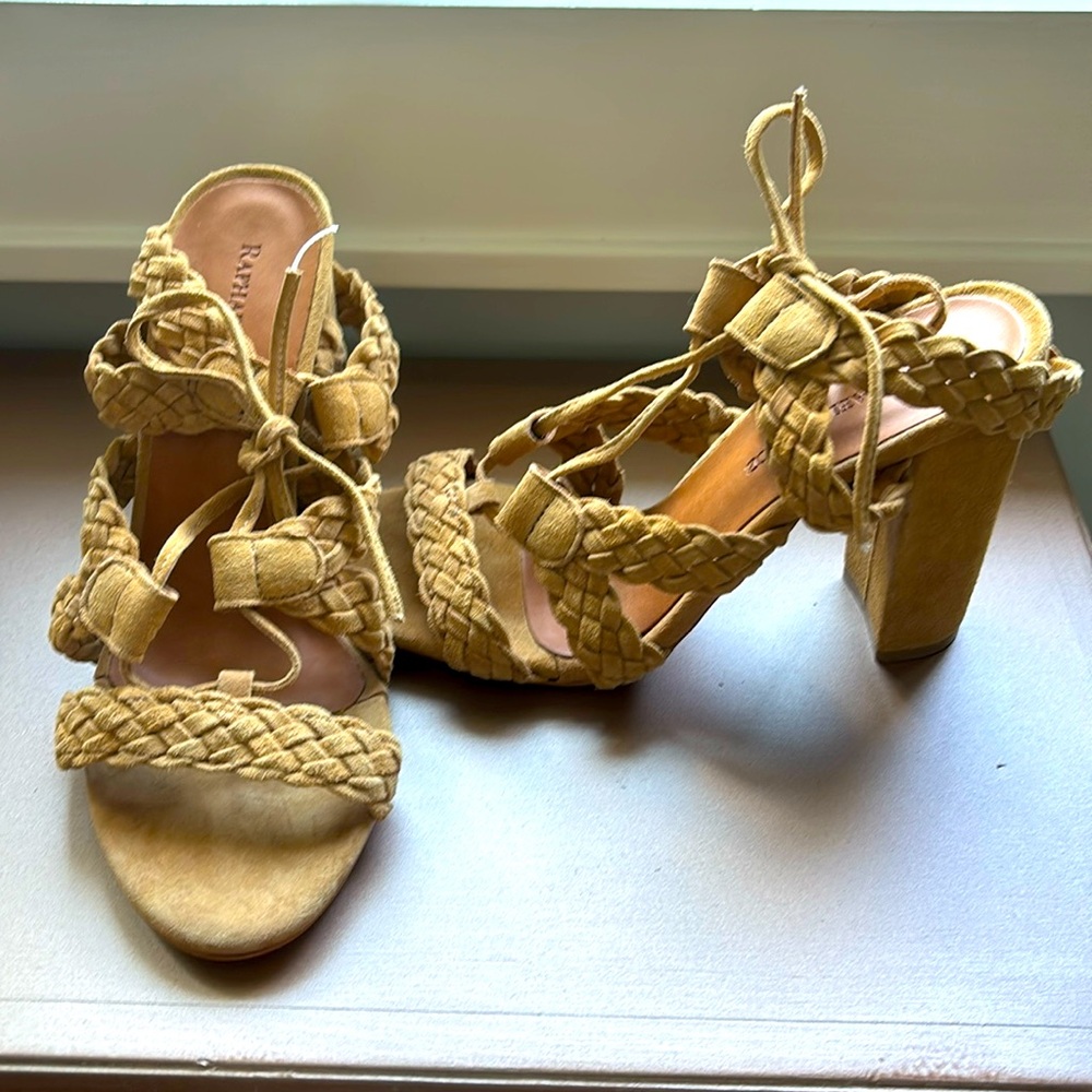 Raphaella Booz camel braided suede 4 inch heel sandal never worn size 7